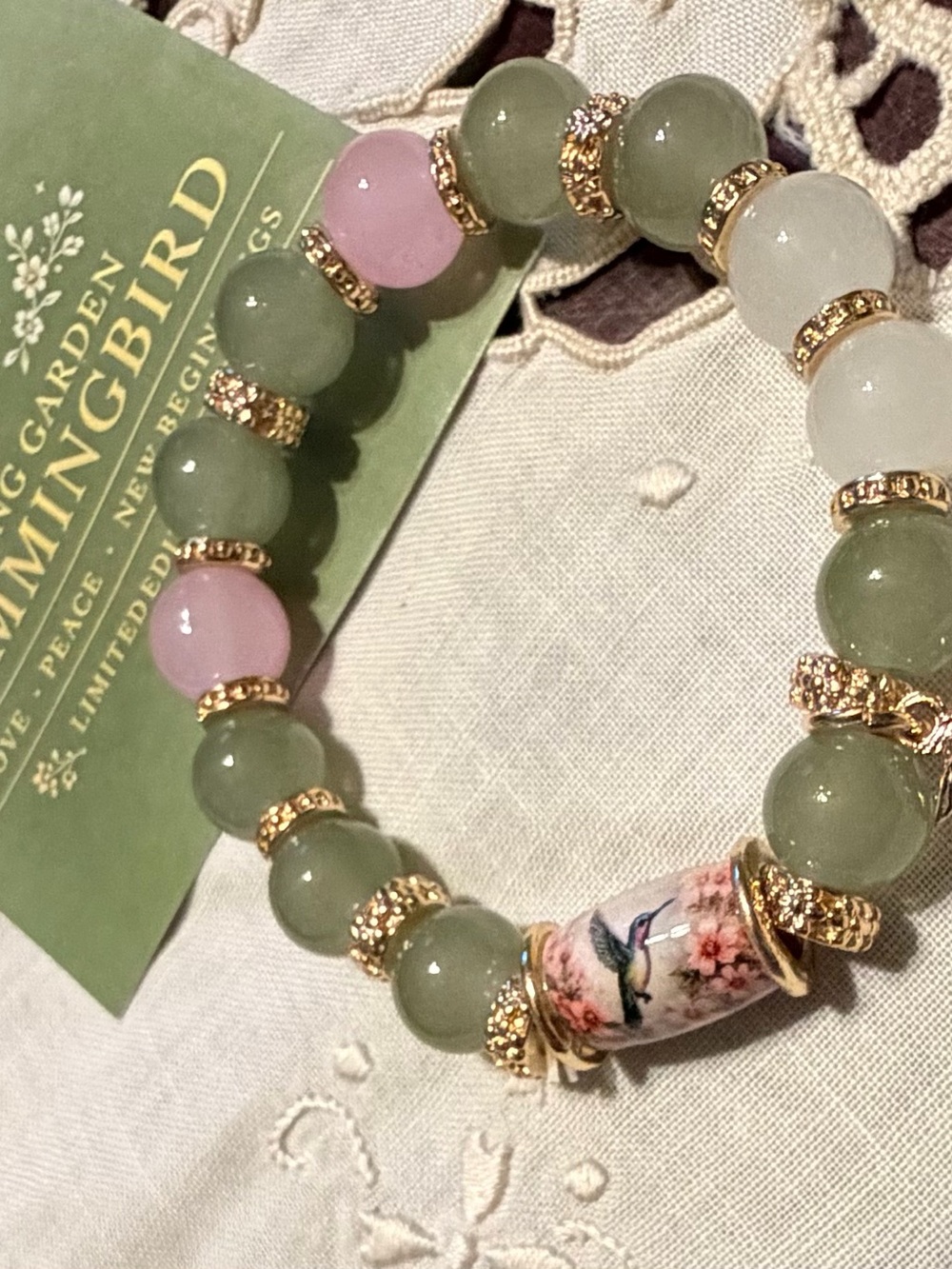 Green and Pink Beaded Hummingbird Bracelet with Gold Accents #315